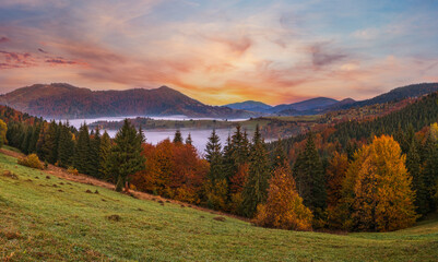 Naklejka na ściany i meble Foggy early morning autumn mountains scene. Peaceful picturesque traveling, seasonal, nature and countryside beauty concept scene. Carpathian Mountains, Ukraine.