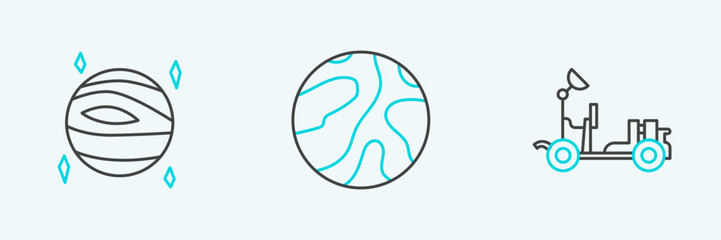 Set line Mars rover, Planet Venus and Falling stars icon. Vector