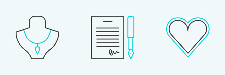 Set line Heart, Necklace on mannequin and Marriage contract icon. Vector