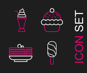 Set line Ice cream, Stack of pancakes, Cupcake and Milkshake icon. Vector