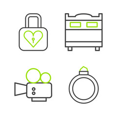 Set line Diamond engagement ring, Cinema camera, Bedroom and Lock and heart icon. Vector