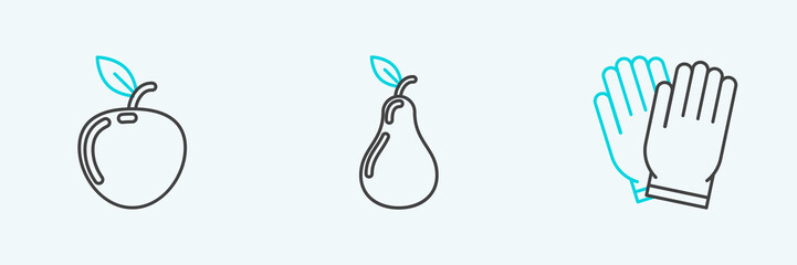 Set line Garden gloves, Apple and Pear icon. Vector