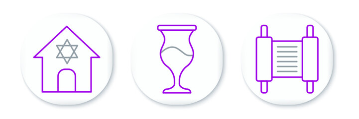 Set line Torah scroll, Jewish synagogue and goblet icon. Vector