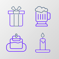 Set line Burning candle, Cake, Wooden beer mug and Gift box icon. Vector