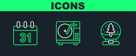 Set line Christmas snow globe, Calendar and Vinyl player with vinyl disk icon. Vector