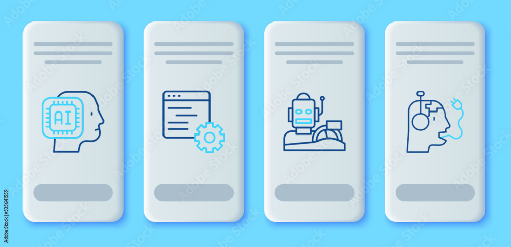 Poster set line computer api interface, robot humanoid driving car, humanoid robot and charging battery ico
