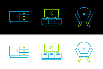 Set line Armchair, Chest of drawers and TV table stand icon. Vector