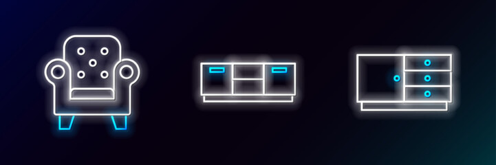 Set line Chest of drawers, Armchair and Furniture nightstand icon. Glowing neon. Vector