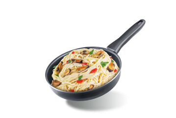 Mussel pasta with pepper and parsley on a white isolated background