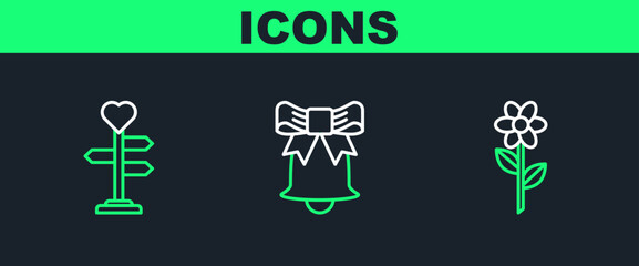 Set line Flower, Signpost with heart and Ringing bell icon. Vector