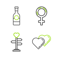 Set line Two Linked Hearts, Signpost with heart, Female gender symbol and Champagne bottle icon. Vector