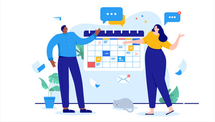 Work calendar and people - Two businesspeople in casual clothes working on time and schedule for the month. Flat design cartoon illustration with white background