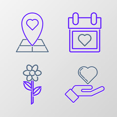 Set line Heart on hand, Flower, Calendar with heart and Map pointer icon. Vector