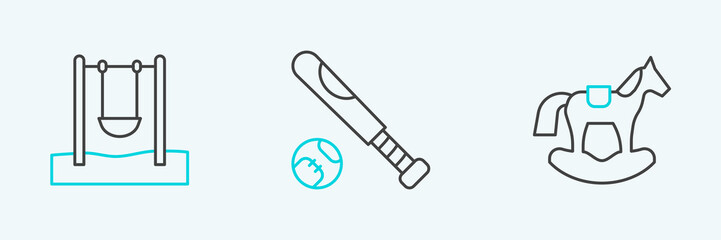 Fototapeta premium Set line Horse in saddle swing, Swing and Baseball bat with ball icon. Vector