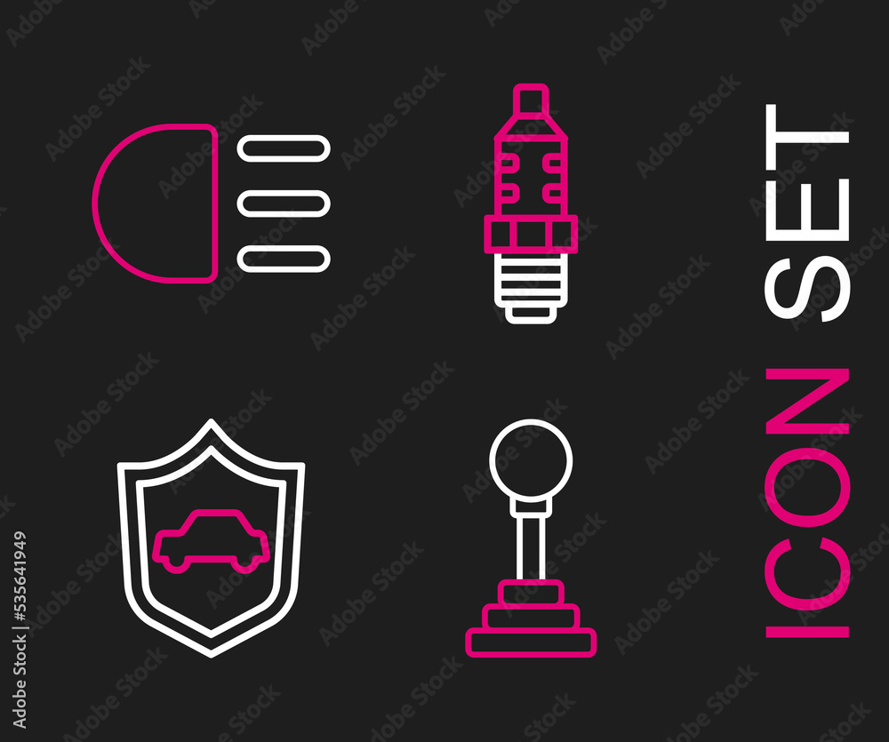 Poster Set line Gear shifter, Car with shield, spark plug and High beam icon. Vector