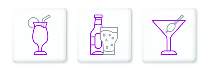Set line Martini glass, Cocktail and Beer bottle and icon. Vector