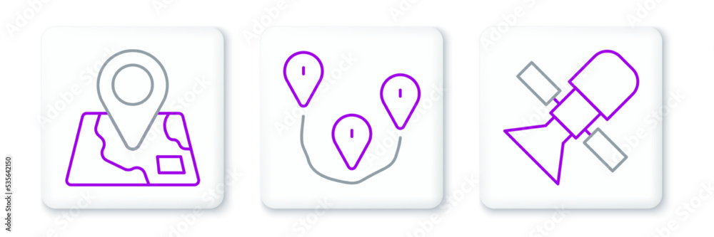 Sticker Set line Satellite, Folded map with location marker and Route icon. Vector