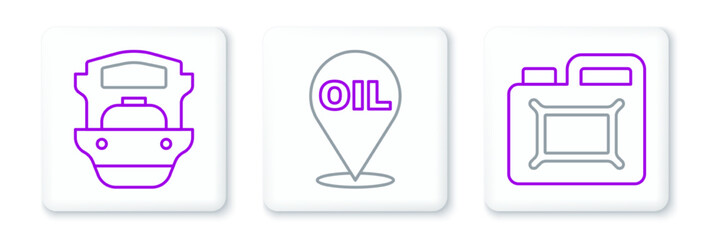 Set line Canister for motor oil, Oil tanker ship and Refill petrol fuel location icon. Vector