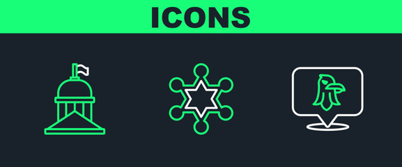 Set line Eagle, White House and Hexagram sheriff icon. Vector