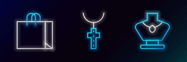 Set line Necklace on mannequin, Shopping bag jewelry and Christian cross chain icon. Glowing neon. Vector