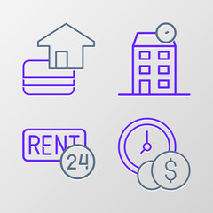 Set line Time is money, Rent, House and Credit card icon. Vector