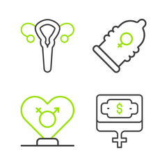 Set line Money growth woman, Gender, Condom and Female reproductive system icon. Vector