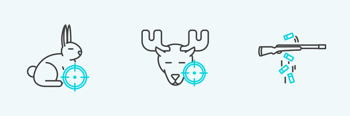 Set line Gun shooting, Hunt on rabbit with crosshairs and moose icon. Vector