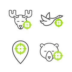 Set line Hunt on bear with crosshairs, place, duck and moose icon. Vector