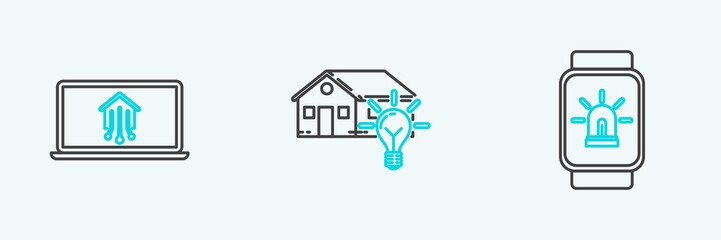 Fototapeta premium Set line Smart watch with smart house and alarm, Laptop home and light bulb icon. Vector