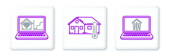 Set line Laptop with smart home, wi-fi and House temperature icon. Vector