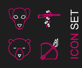 Set line Bow and fire arrow, Bear head, Gun shooting and Hunting dog icon. Vector