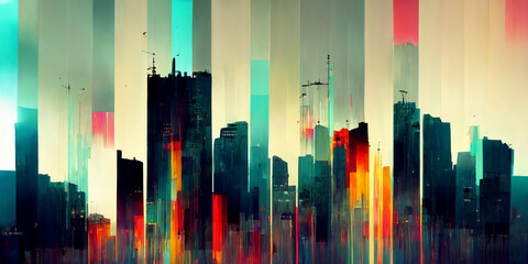 Naklejka premium Cityscape. Glitch colorful metropolitan scenery. Abstract modern cityscape background. Skyscrapers