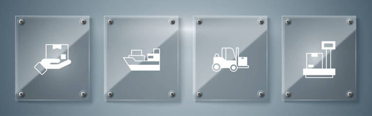 Set Scale with cardboard box, Forklift truck, Cargo ship boxes delivery and Delivery hand. Square glass panels. Vector