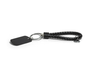 key chain, metal and leather material key chain on a white background