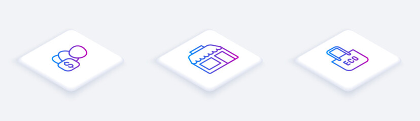 Set Isometric line Price tag for egg, Market store and Shopping bag with recycle. White square button. Vector