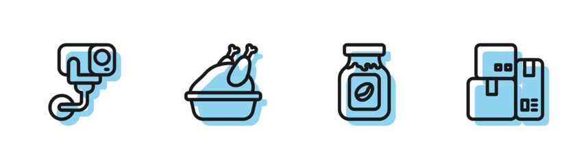 Set line Coffee jar bottle, Security camera, Roasted turkey or chicken and Cash register machine icon. Vector