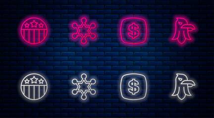 Set line Hexagram sheriff, Dollar symbol, Medal with star and Eagle. Glowing neon icon on brick wall. Vector