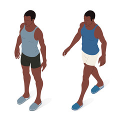 Adult person, underwear and slippers. Isometric vector illustration of an African ethnicity person standing and a person walking.