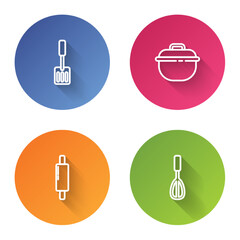 Set line Spatula, Cooking pot, Rolling pin and Kitchen whisk. Color circle button. Vector