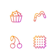 Set line Cracker biscuit, Cherry, Cupcake and Jelly worms candy. Gradient color icons. Vector