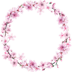 Fototapeta na wymiar Watercolor Round Cherry Blossom Wreath, Floral Wedding Invitation Logo Design