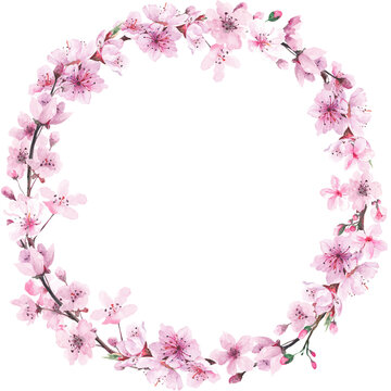 Watercolor Round Cherry Blossom Wreath, Floral Wedding Invitation Logo Design