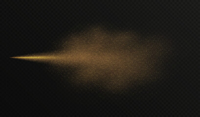 Golden spray mist with glitter particles, fashion shimmer freshener with haze isolated on a dark background. Realistic vector effect. Luxury scent template. - obrazy, fototapety, plakaty