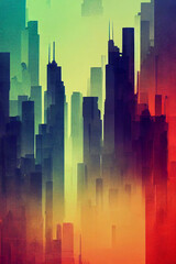 Cityscape. Glitch colorful metropolitan scenery. Abstract modern cityscape background. Skyscrapers