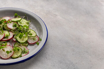 Fresh salad of radish, cucumber and microgreens in a flat plate on a light background with copy space