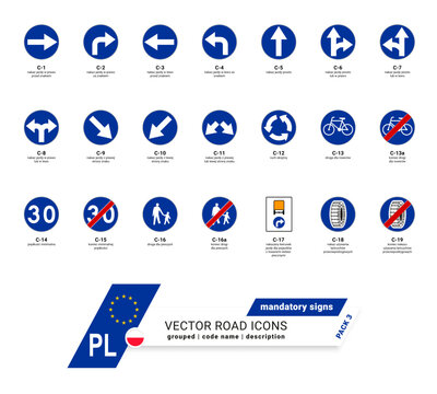 Polskie znaki drogowe nakazu - wektor svg z nazwą oraz opisem znaku. Okrągłe, niebieskie znaki drogi. Road signs in Poland. Prescriptive mandatory signs. Vector Format Pack 3