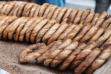 Turkish bagels on a stall, close up, outdoor photography
