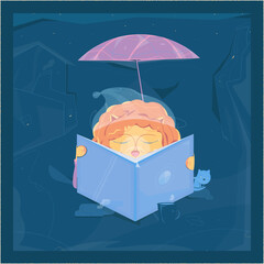 Vector lion cube reading a book and sitting under umbrella at night or late in the evening. Nearby him there is a cat and a cup of tea or coffee with smoke. The background performs the night town.