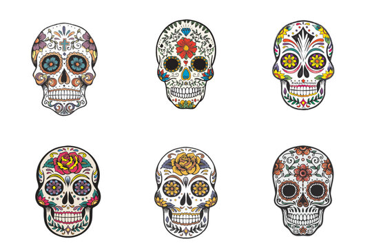 Day of the Death in Mexico. Skull of the death of Catrina. Halloween skull flower hat. Day of the Dead party. Mexican or Latin holiday symbols. Faces with hat or crown.