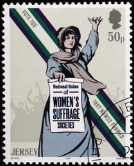 Suffragette requesting the women's suffrage on postage stamp - obrazy, fototapety, plakaty